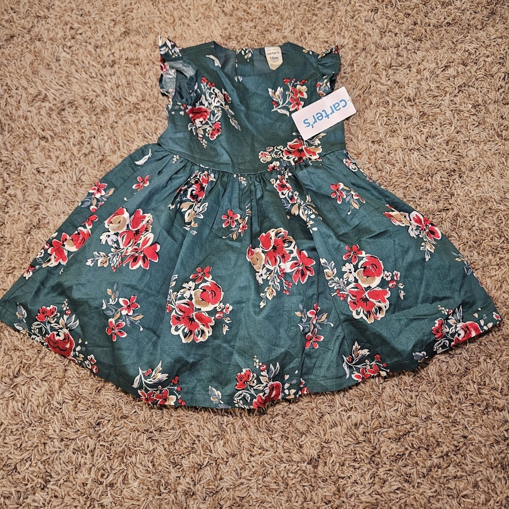 Carters Baby Girl Green And Red Floral Dress Size 18 M New NWT Holiday